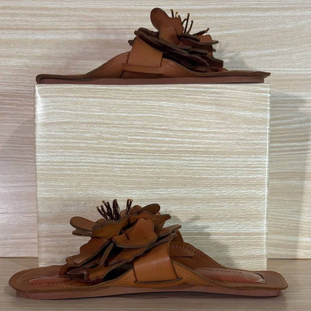 FARM Rio Floral Sandals Brown Leather Slide Statement Summer Chic - Picture 5 of 14